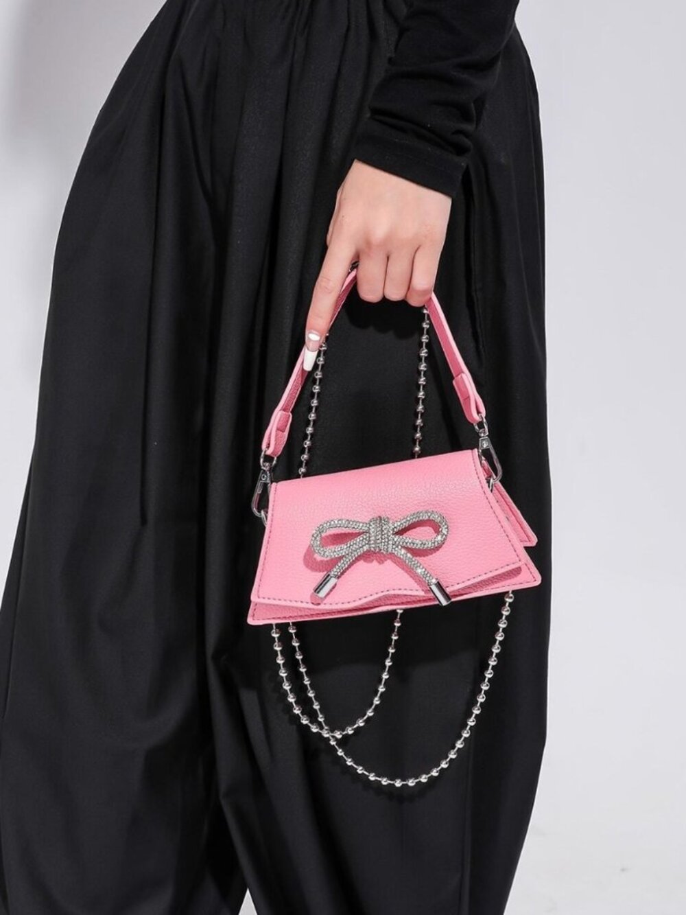 Pink Mini Leather Bag With Metal Chain & Rhinestone